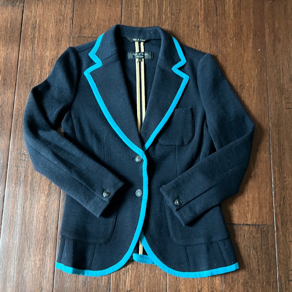 rag & bone XS bromley merino preppy wool blazer navy with turquoise trim